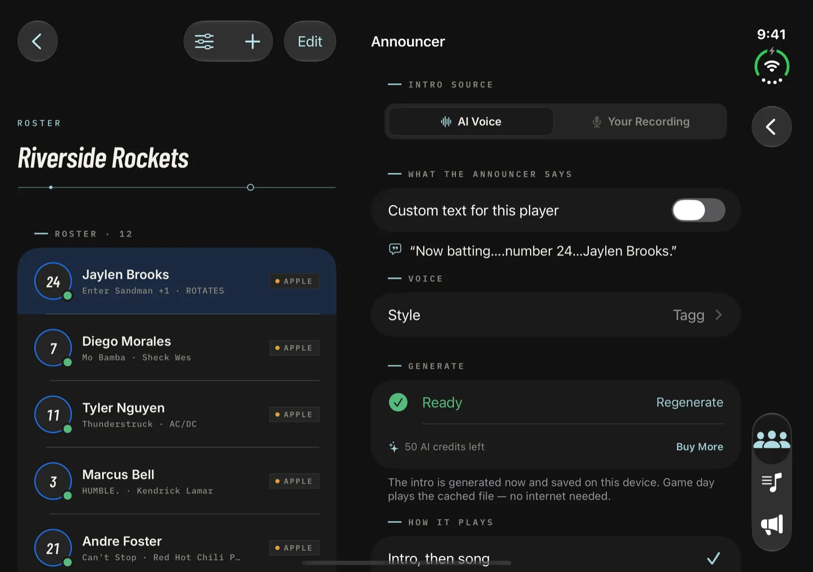 Walkout Song Pro on iPhone Duo open display showing a player's announcer settings in the right pane while the roster stays visible on the left