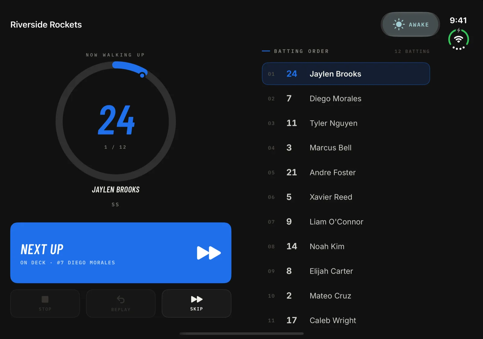 Walkout Song Pro on iPhone Duo open display showing Game Day: the current batter and Next Up button on the left half, the full batting order on the right