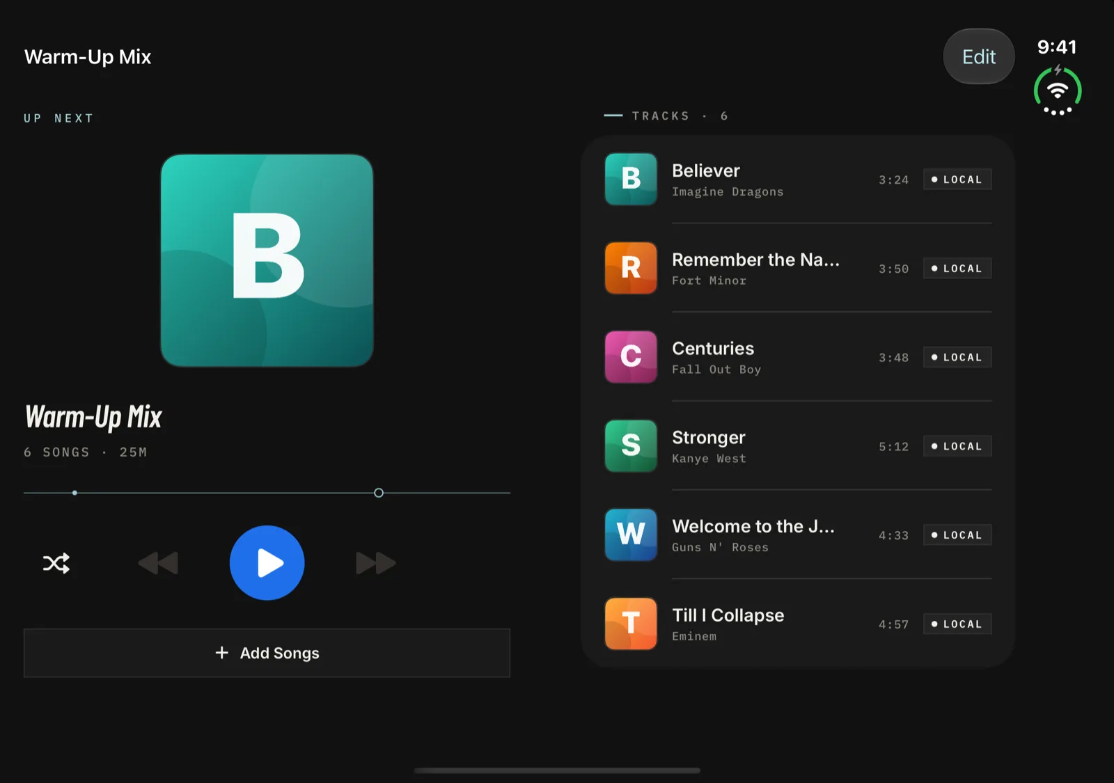 Walkout Song Pro on iPhone Duo open display showing a pre-game playlist: album art and playback controls on the left, the track list on the right