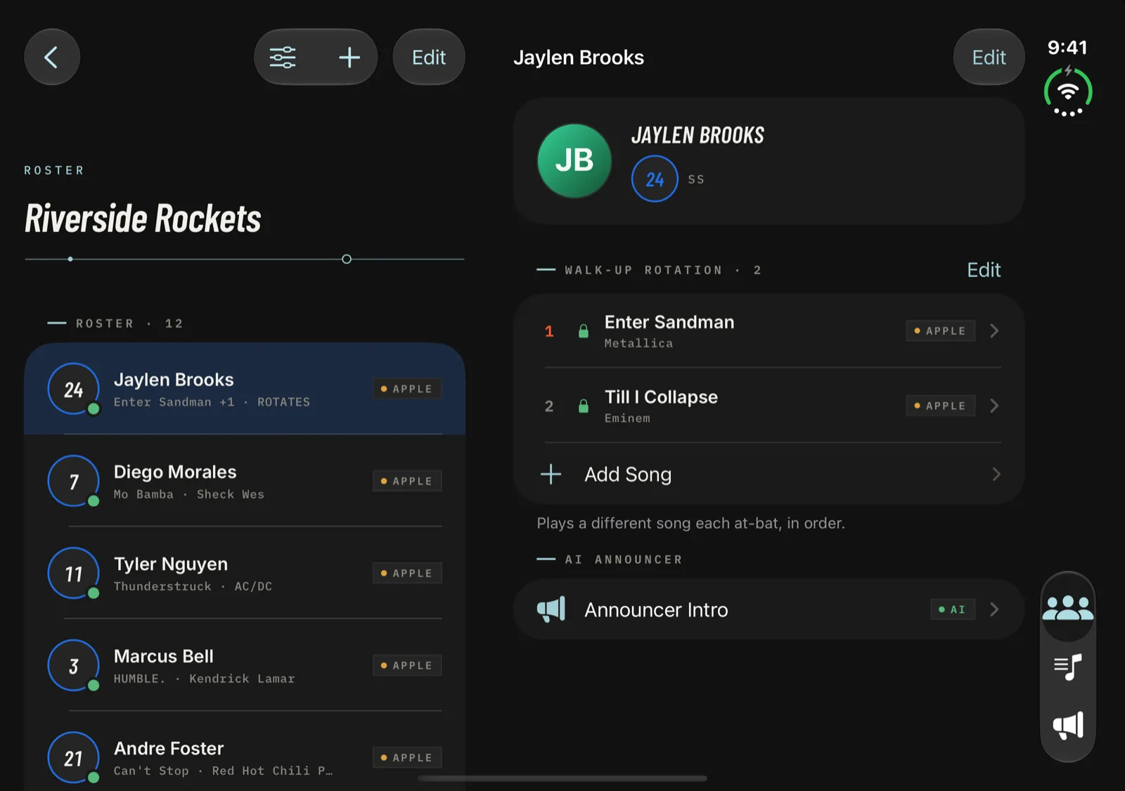 Walkout Song Pro on iPhone Duo open display showing the roster: the team's players listed on the left, the selected player's walk-up rotation and announcer intro on the right