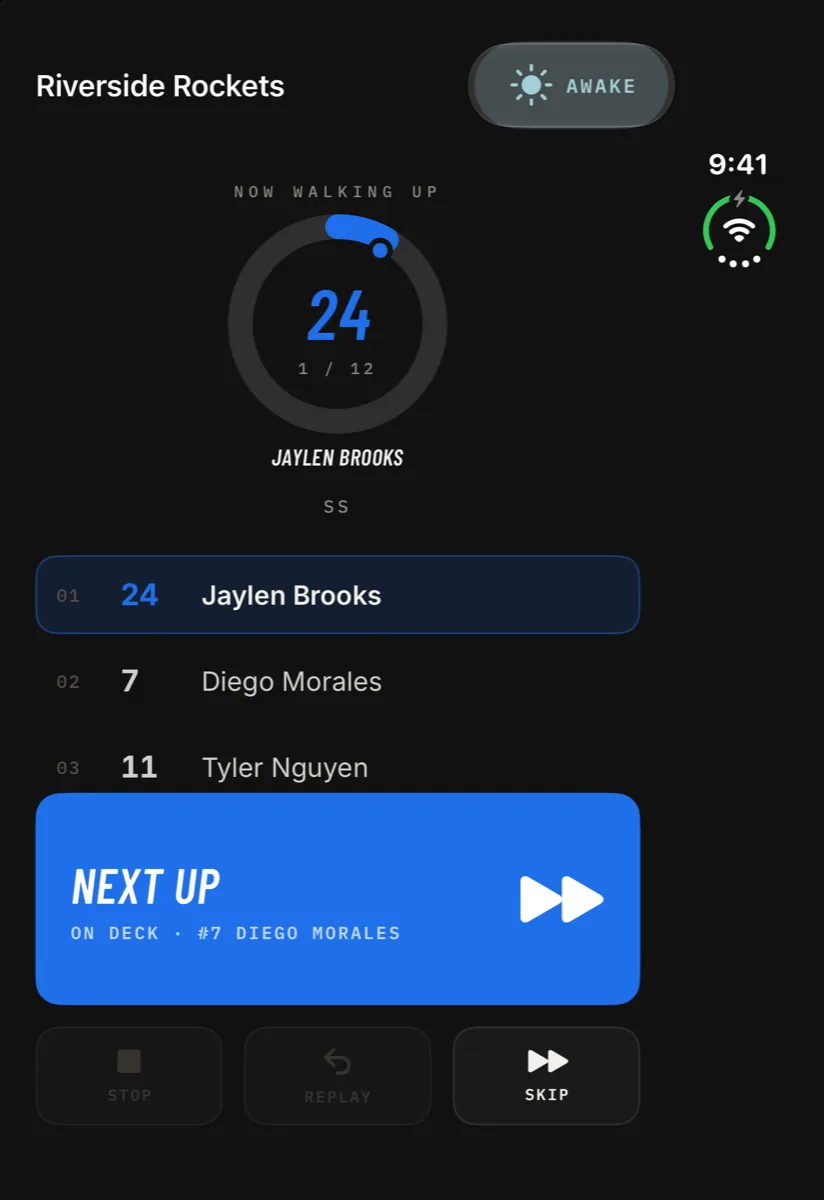 Walkout Song Pro on iPhone Duo closed outer display showing Game Day: a smaller batter ring, three batters in the lineup and the Next Up button