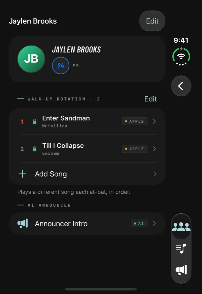 Walkout Song Pro on iPhone Duo closed outer display showing a player's walk-up rotation and announcer intro, with Back in the vertical side bar
